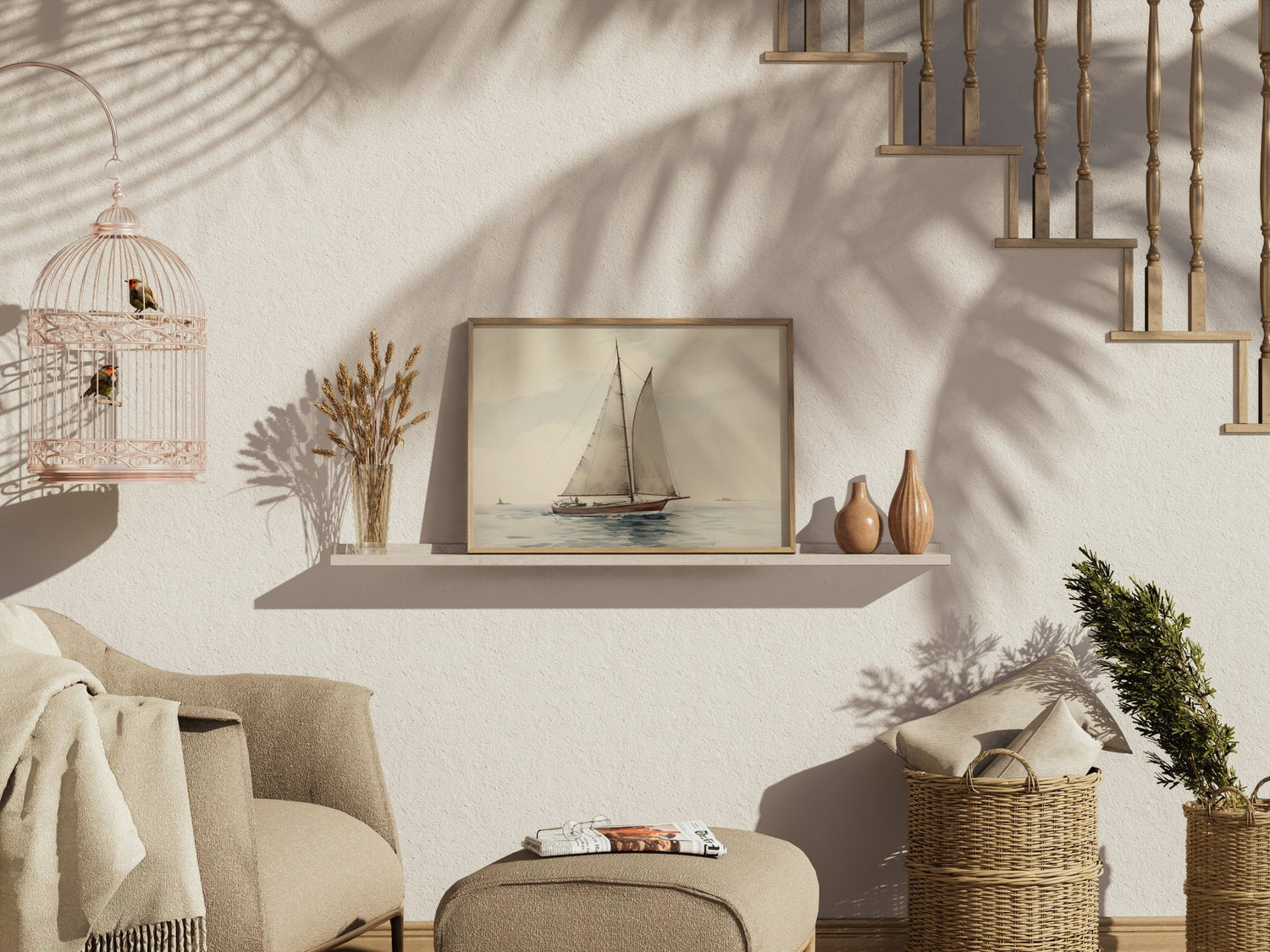 Coastal-themed living space with sailboat artwork poster, wicker decor, and soft neutral tones.
