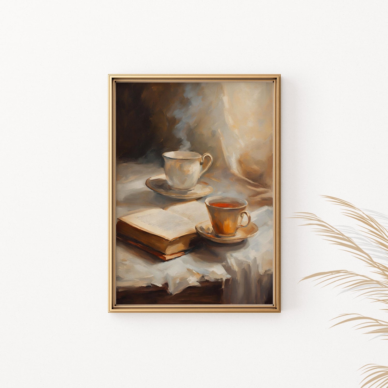 Elegant still life poster of teacups and a book on a draped table.