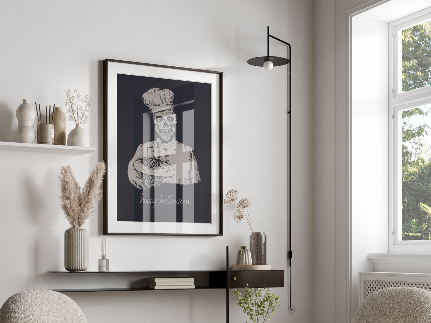 Modern Halloween-themed decor poster with a framed skeleton chef artwork and minimalist accents.