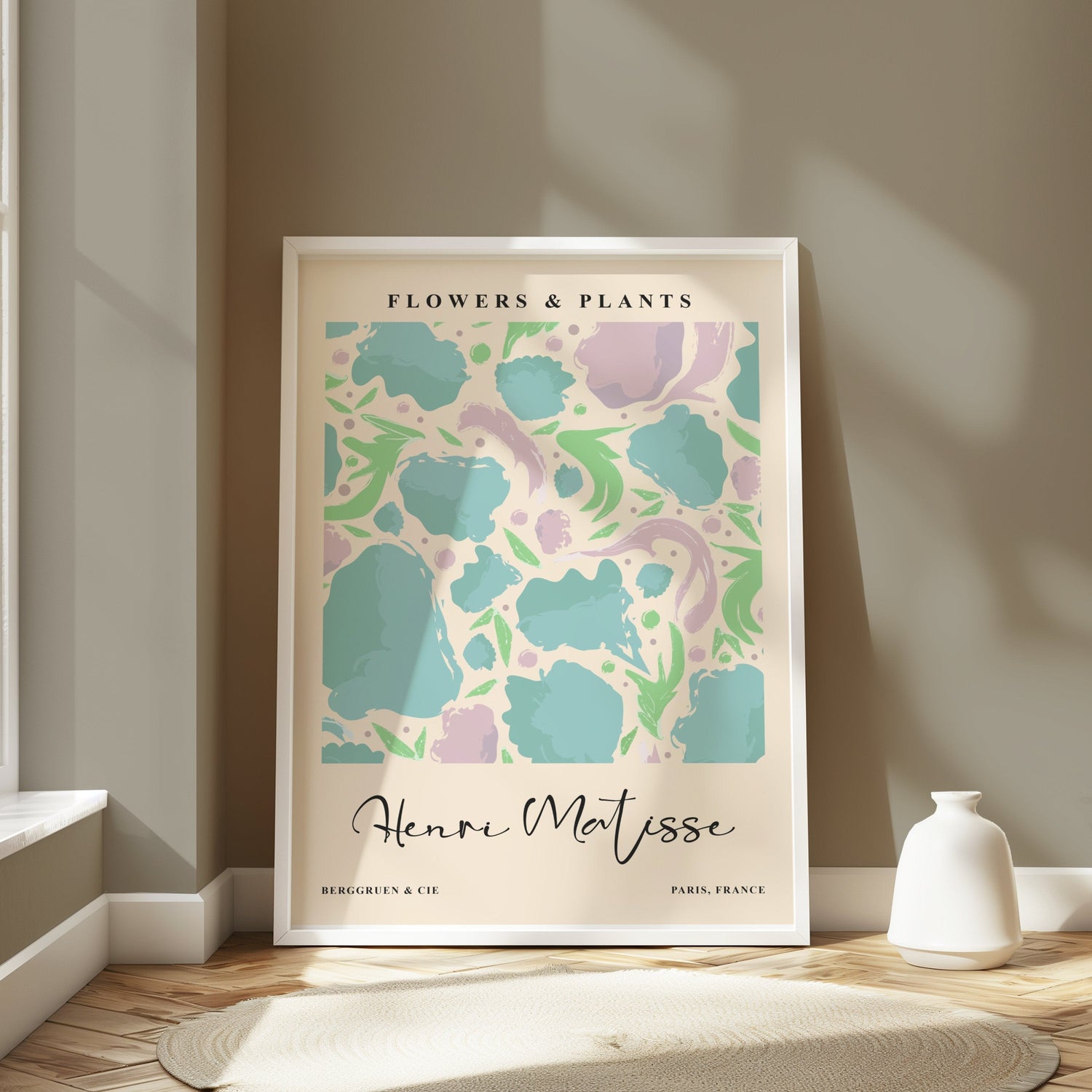 Framed Henri Matisse-inspired floral abstract art print in soft pastel tones.