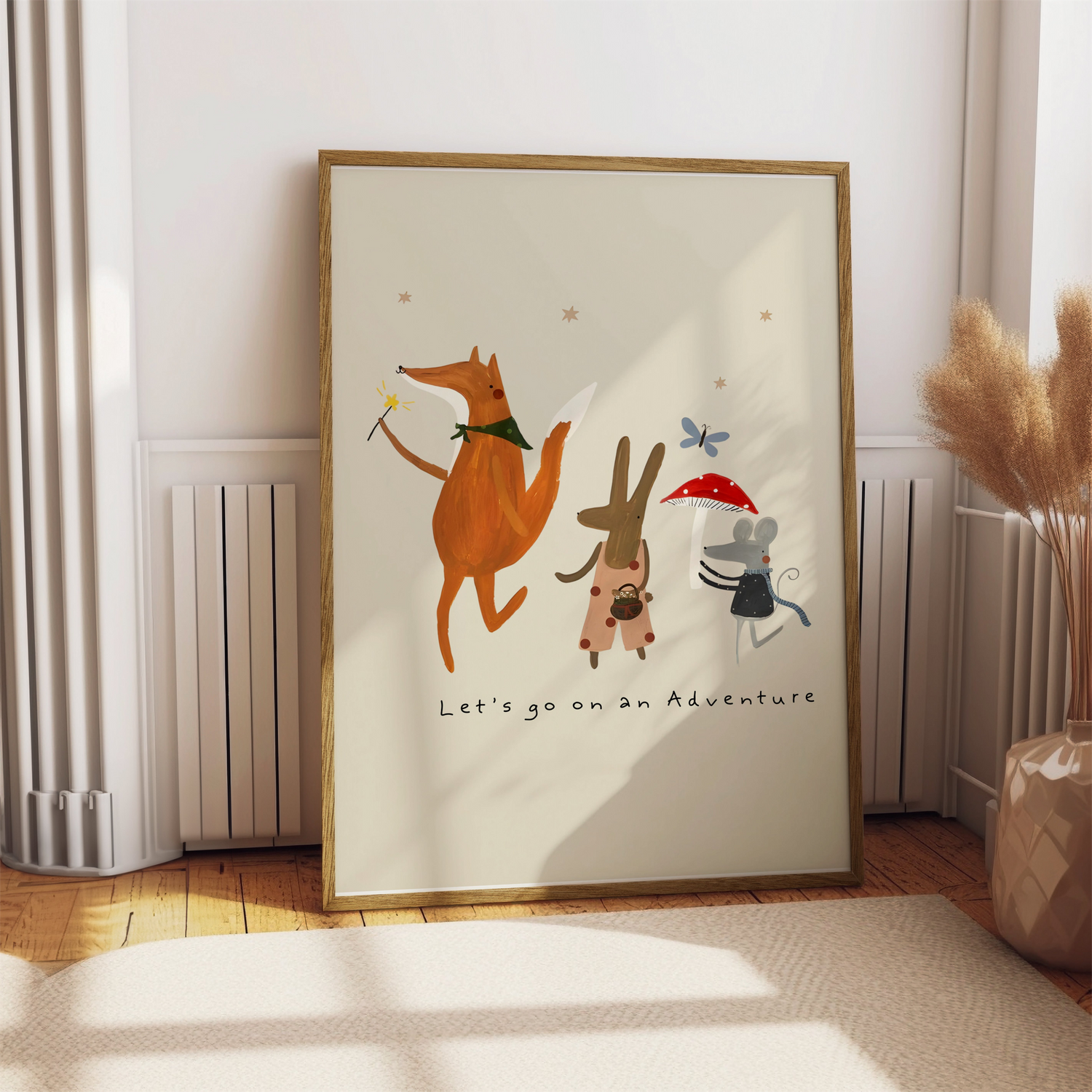 Whimsical nursery poster wall art featuring a fox, rabbit, and mouse on an adventure.