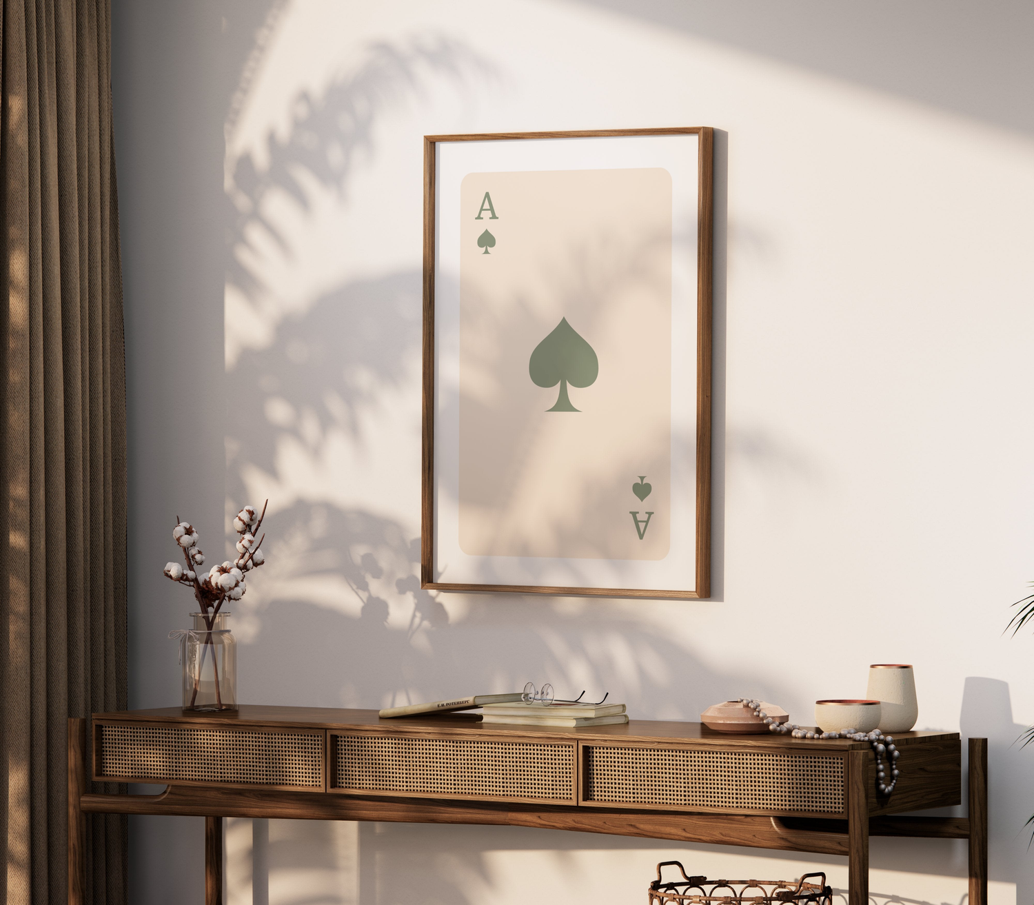 Ace of Spades artwork poster in a minimalist wooden frame, styled in a cozy, sunlit room.