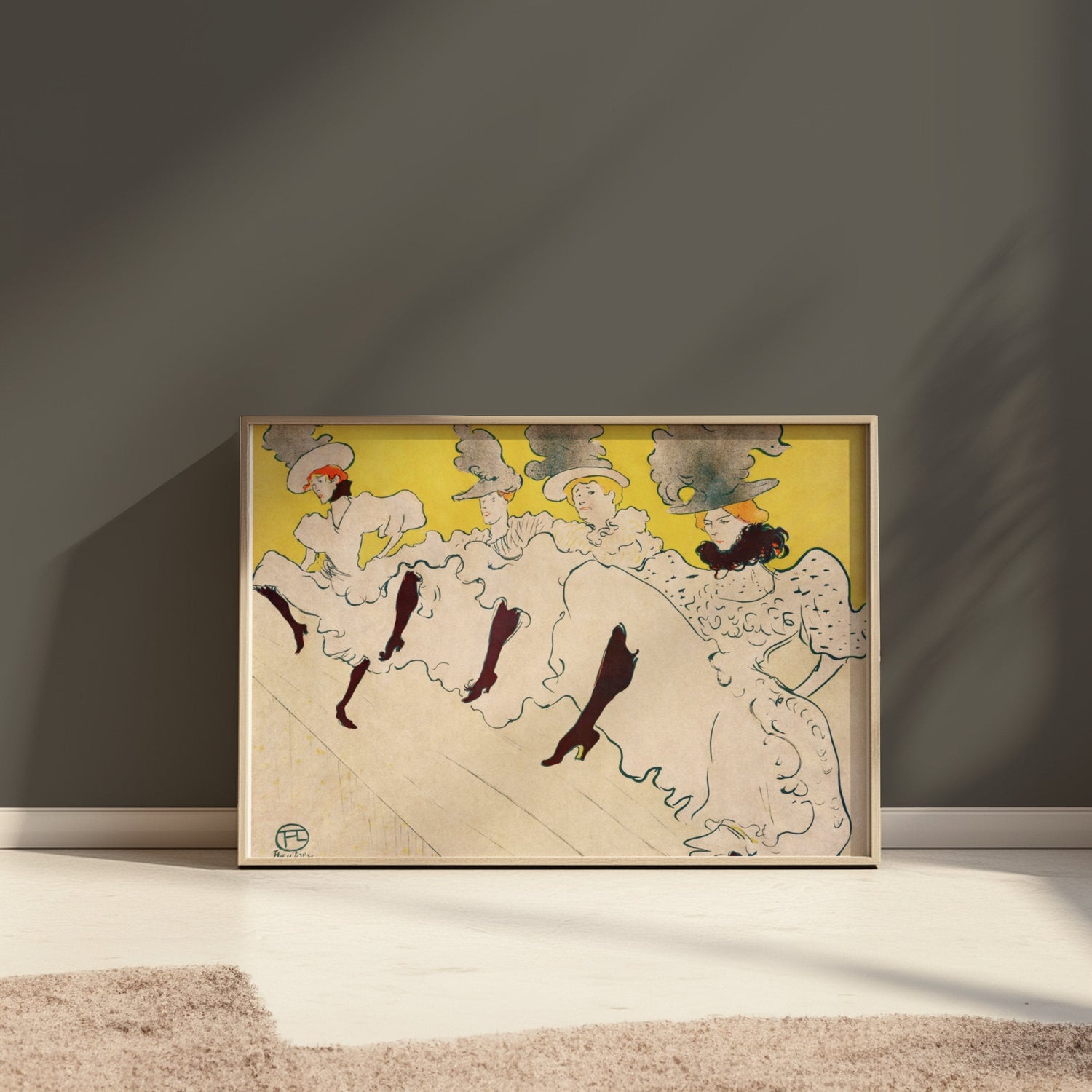 Framed vintage retro artwork poster of dancers in flowing dresses with a yellow background.