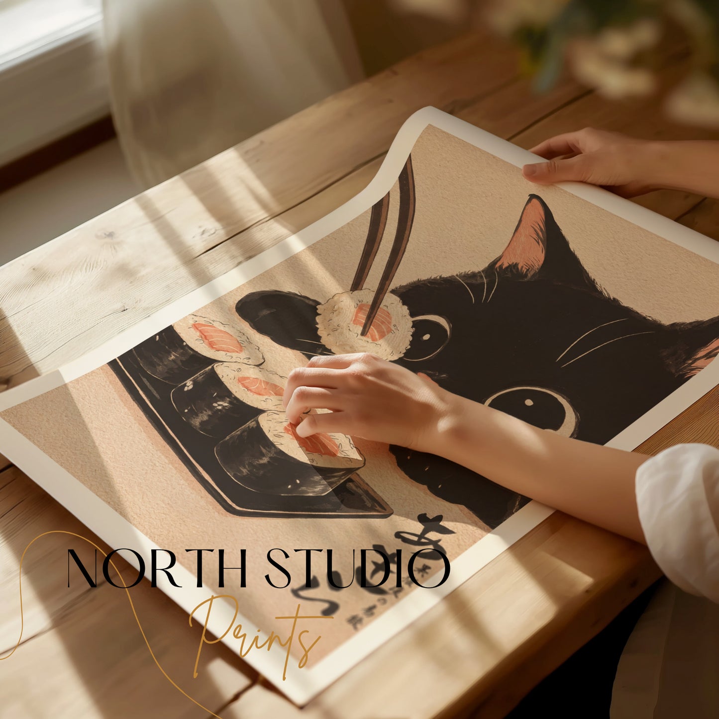Black cat in a woodblock print style eating sushi.