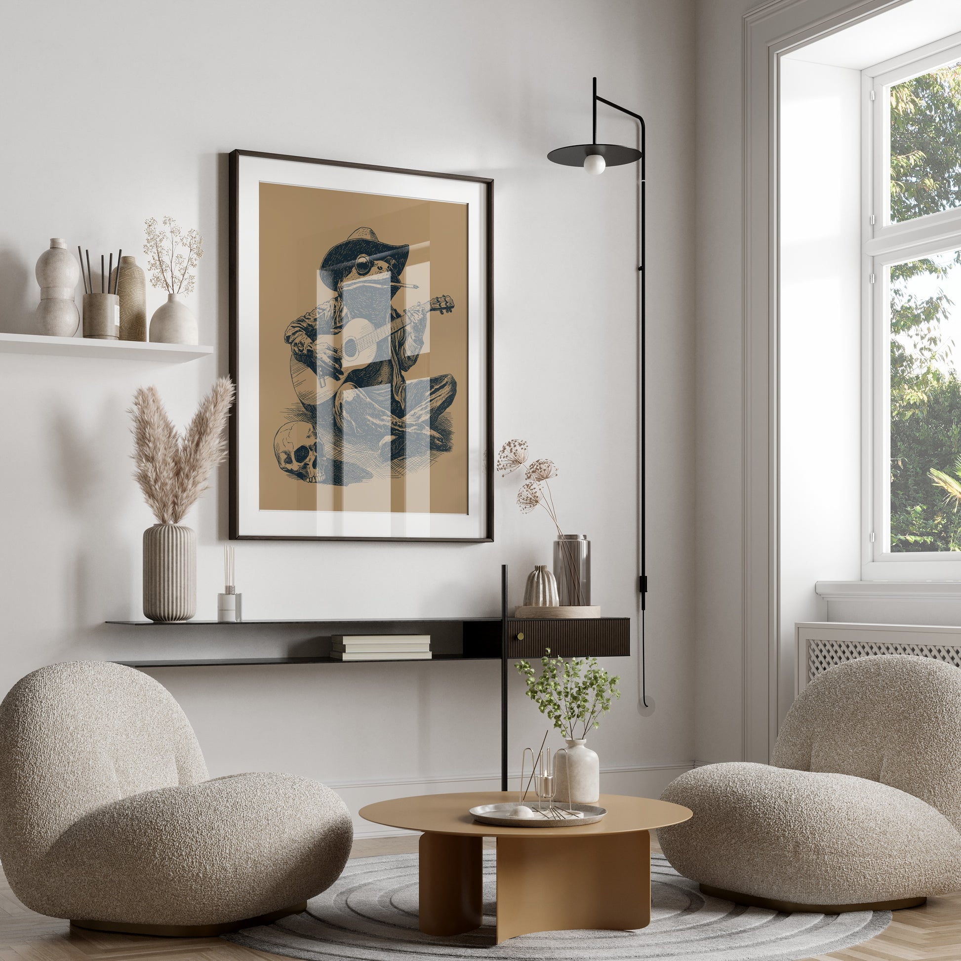 Framed sketch of a skeleton playing guitar, flanked by two armchairs.