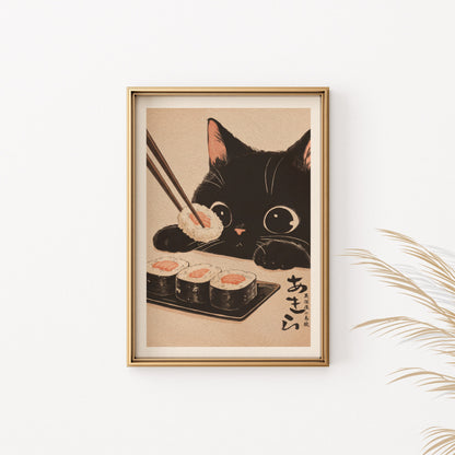 Black cat with chopsticks picking up sushi in a gold frame.