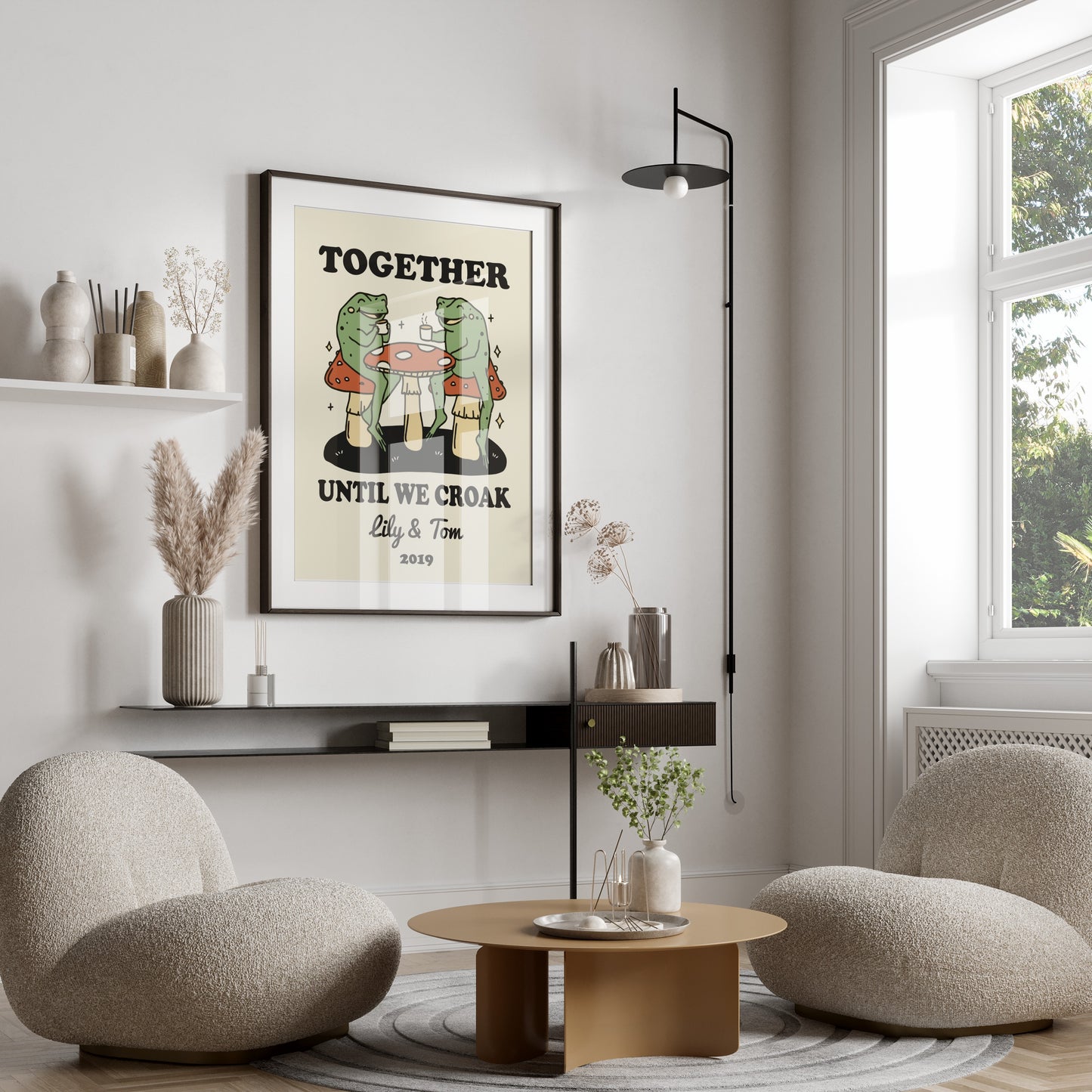 Framed print of two anthropomorphic frogs sitting at a table with text "TOGETHER UNTIL WE CROAK".