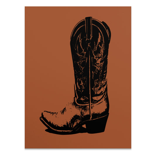 Black cowboy boot illustration on a brown background.