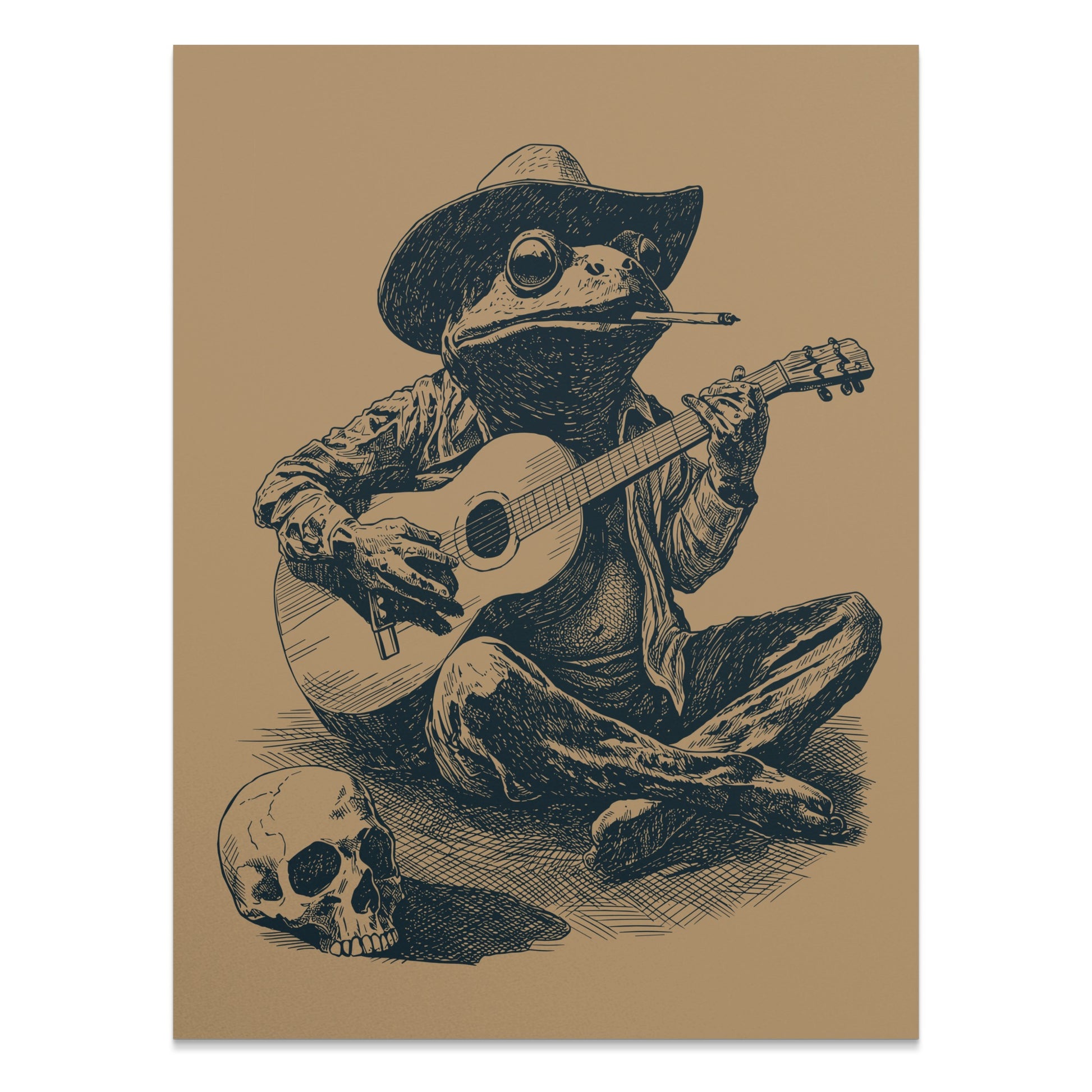 Frog in a cowboy hat playing guitar with a skull nearby.