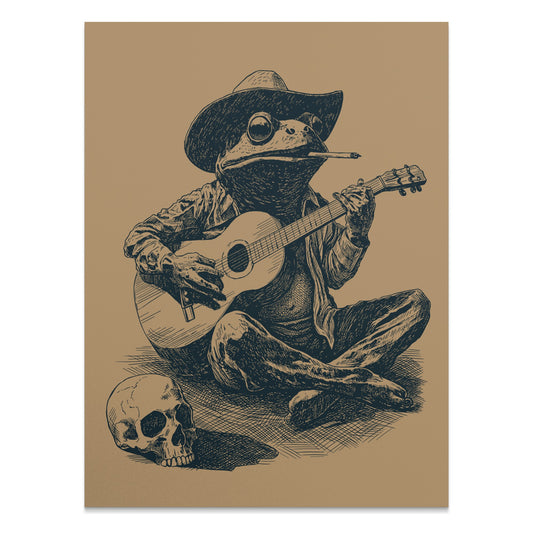 Frog in a cowboy hat playing guitar with a skull nearby.