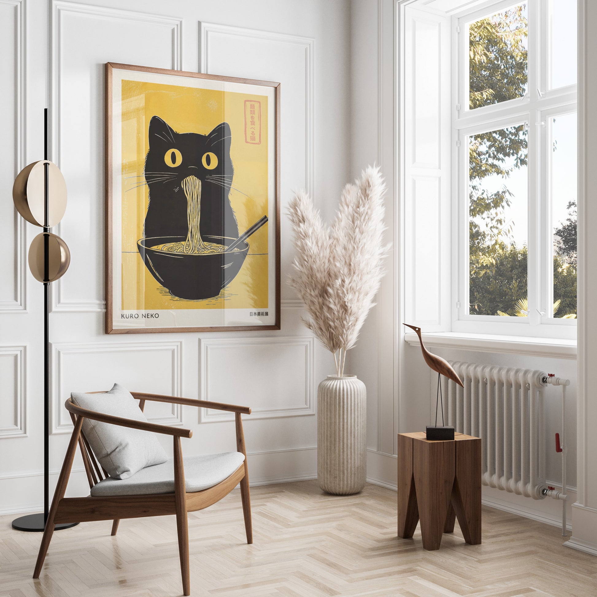 Black cat poster with noodles above wooden chair and plant.