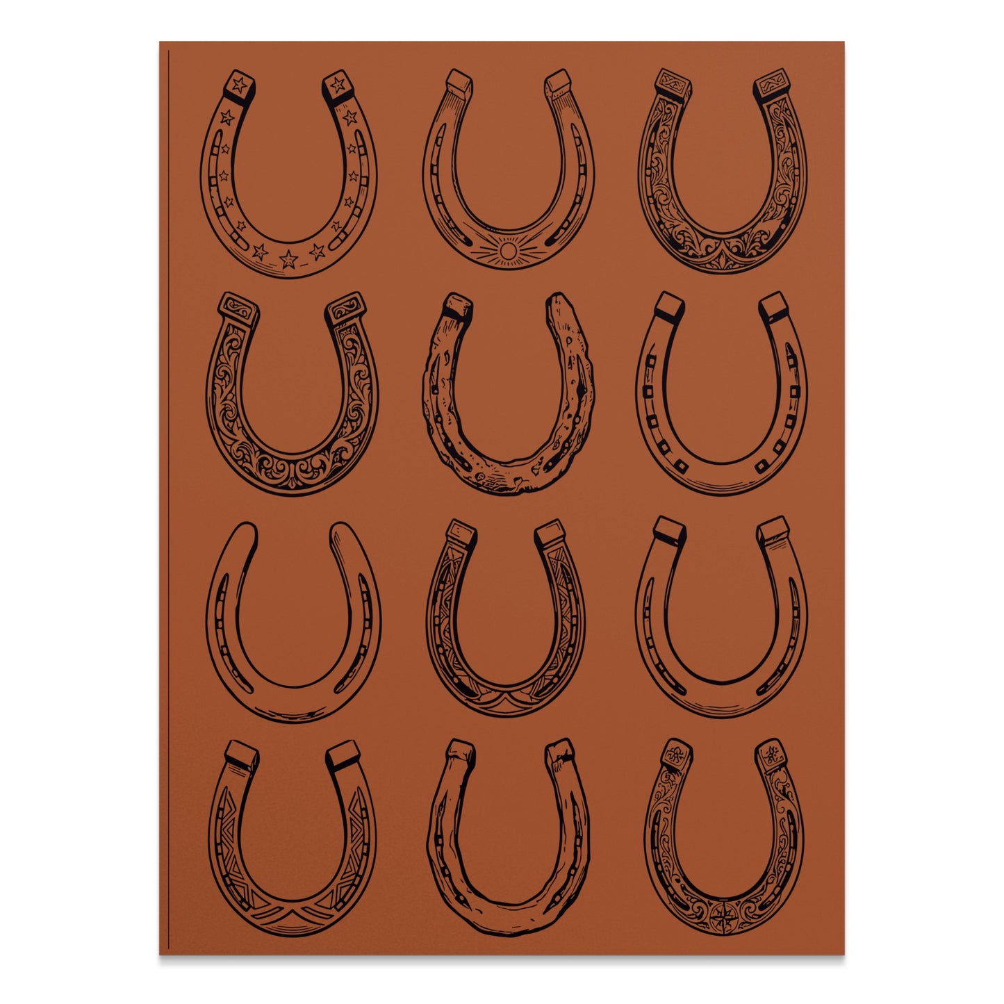 Twelve ornate horseshoes arranged in a 3x4 grid on a brown background.