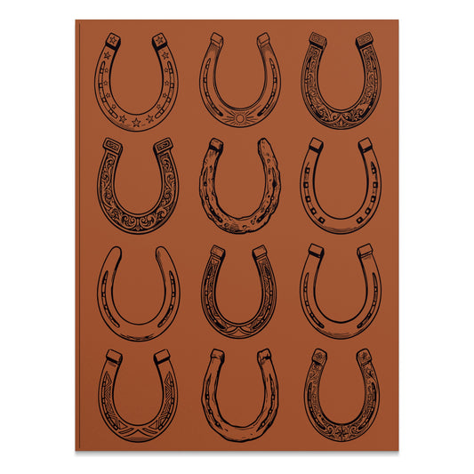 Twelve ornate horseshoes arranged in a 3x4 grid on a brown background.
