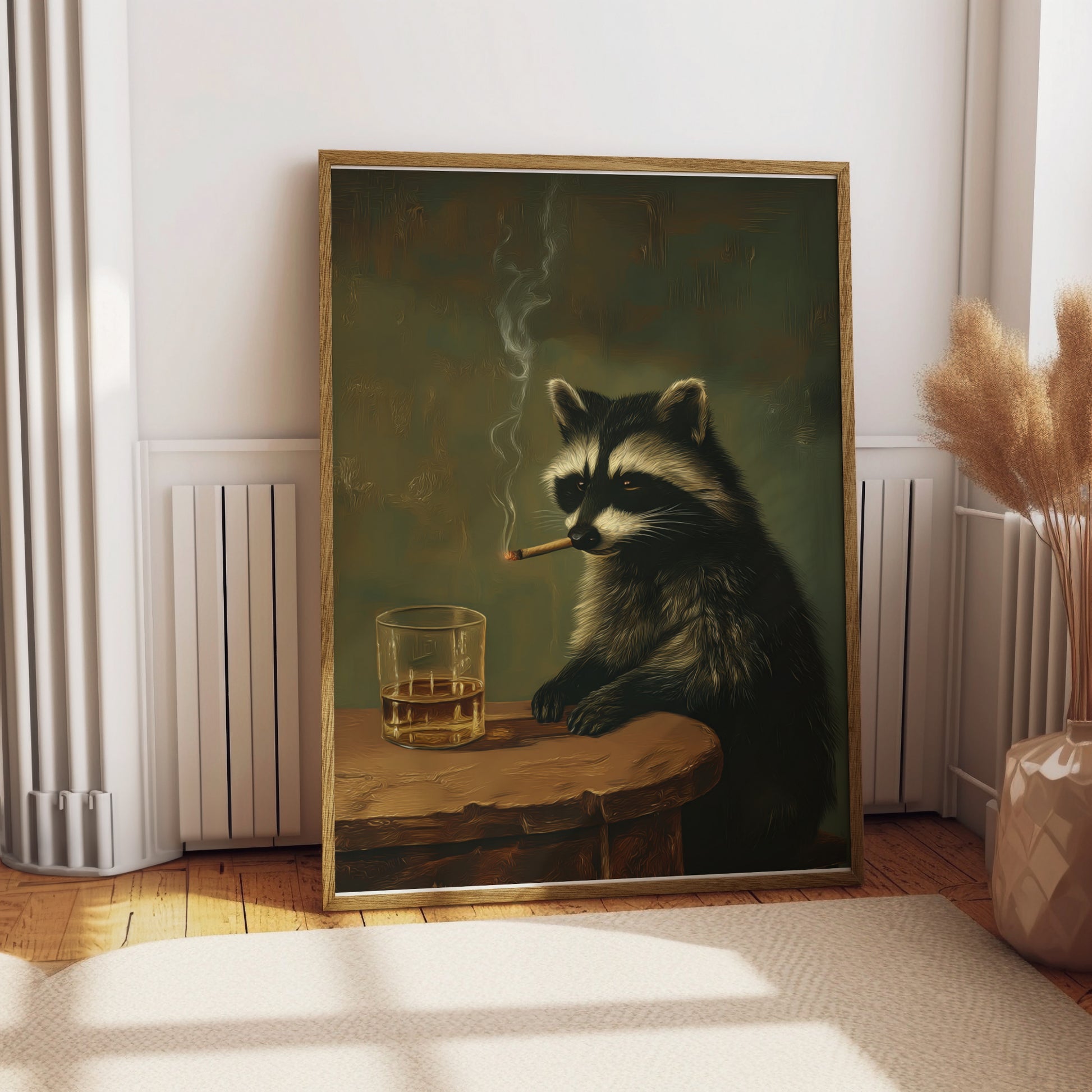 Painting of a raccoon smoking and drinking on a wooden surface.