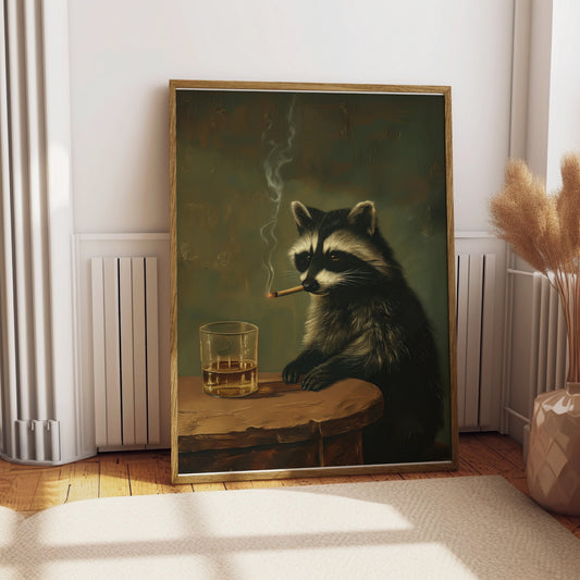 Painting of a raccoon smoking and drinking on a wooden surface.