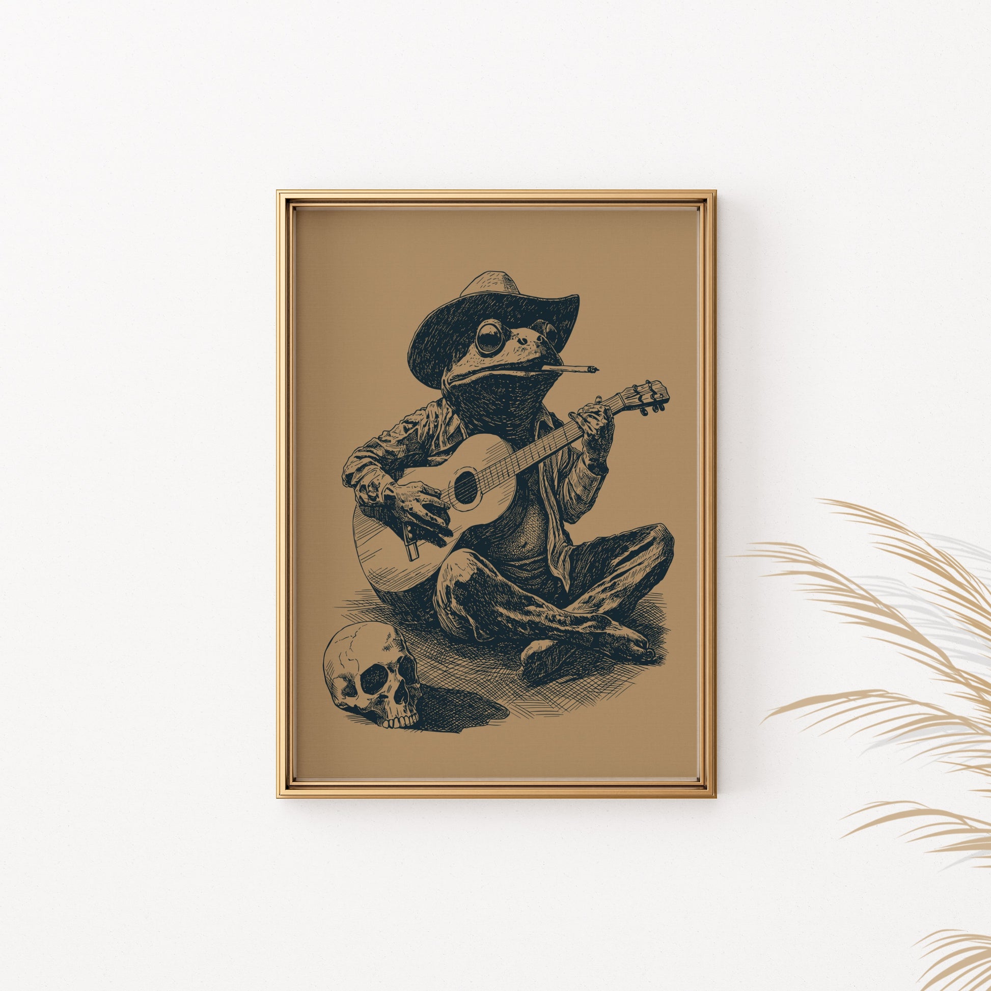 Sketch of a frog wearing a cowboy hat, smoking, and playing a guitar next to a skull.