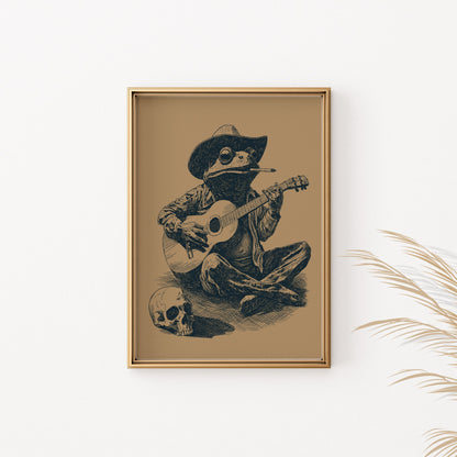Sketch of a frog wearing a cowboy hat, smoking, and playing a guitar next to a skull.