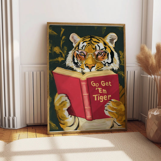 Tiger wearing glasses reads "Go Get 'Em Tiger" book.