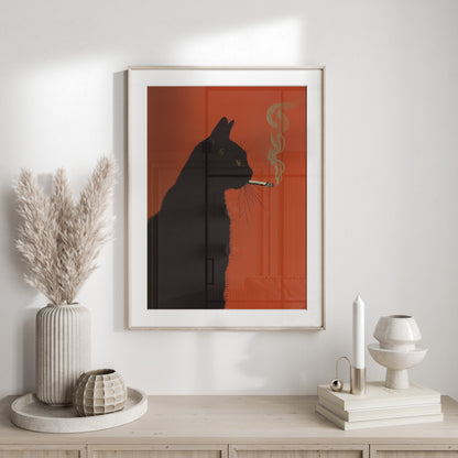 Framed art of a black cat silhouette smoking with orange background and smoke.