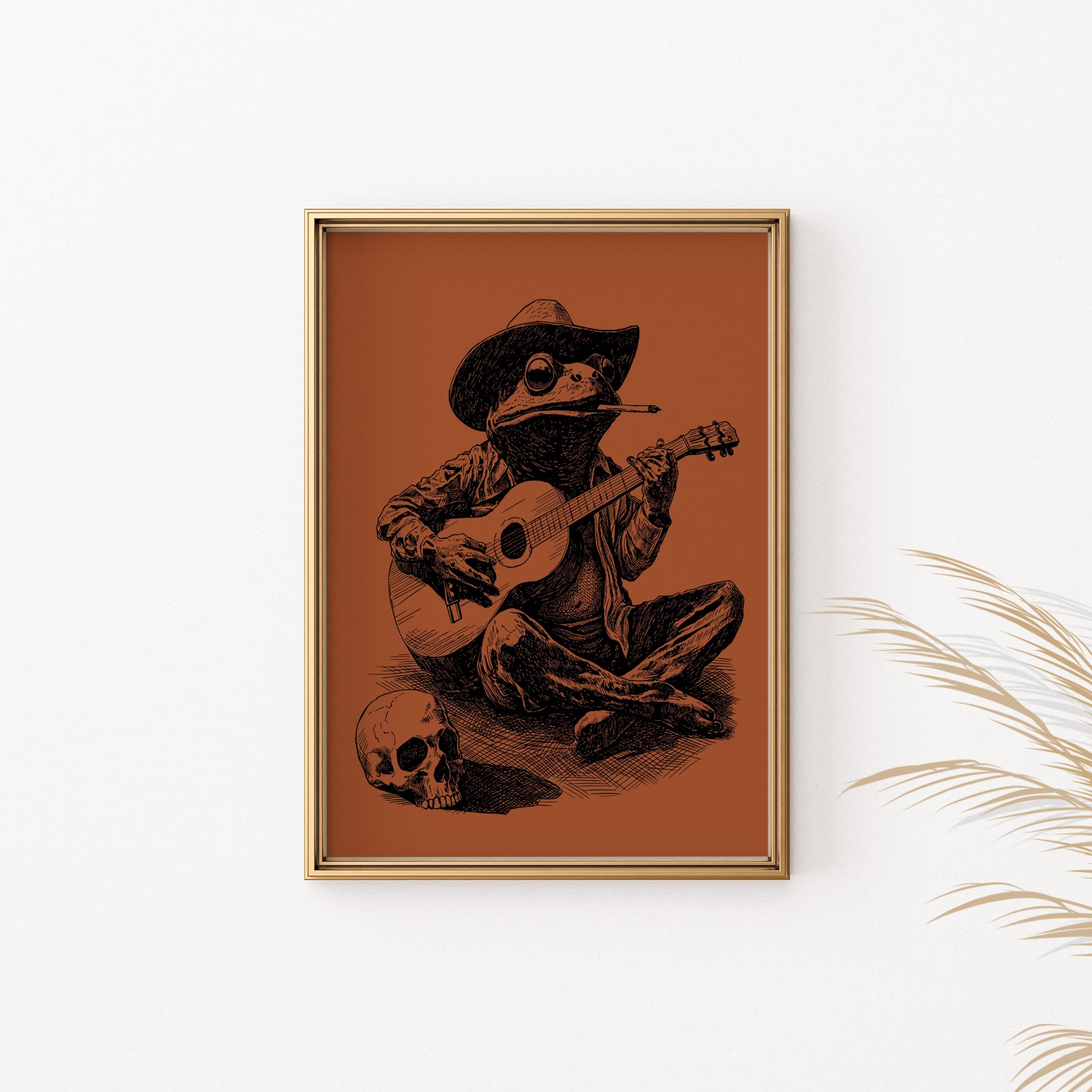 Froggie playing guitar and smoking, with a skull to the left.