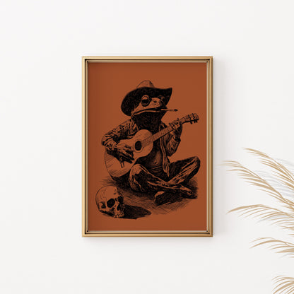 Froggie playing guitar and smoking, with a skull to the left.
