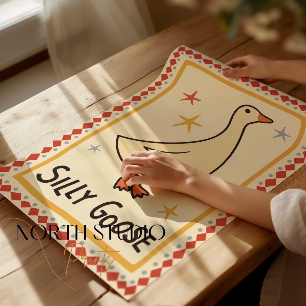 Yellow placemat with "Silly Goose" text, duck illustration, and colorful border.