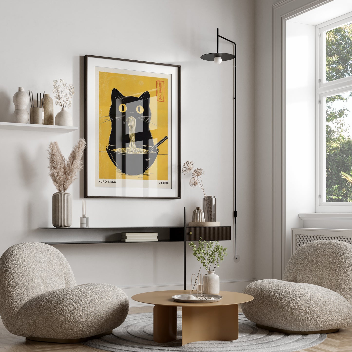 Black cat eating ramen from a bowl, minimalist art print.