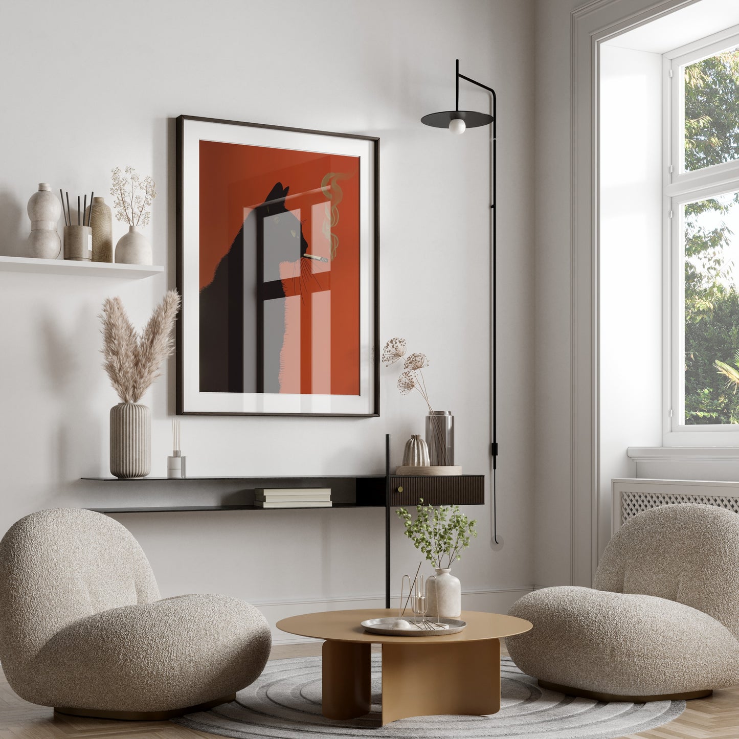 Two textured cream armchairs flank a round coffee table with abstract art above.