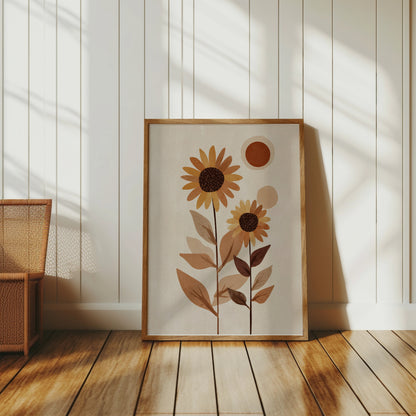 Abstract sunflowers with sun on textured canvas in a wooden frame.