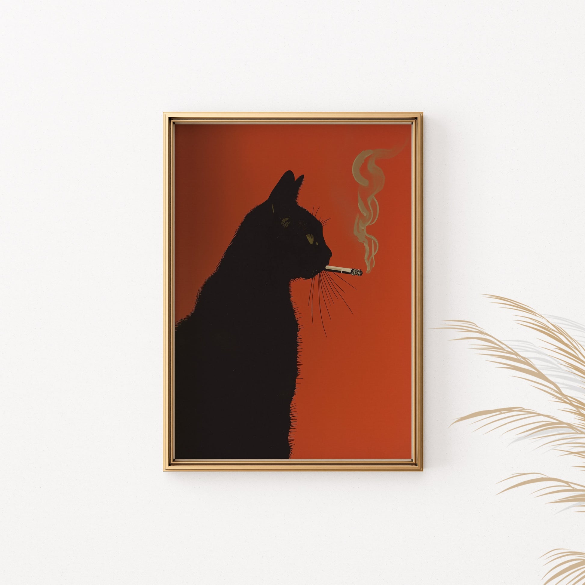 Black cat silhouette smoking a cigarette against a vibrant orange background.