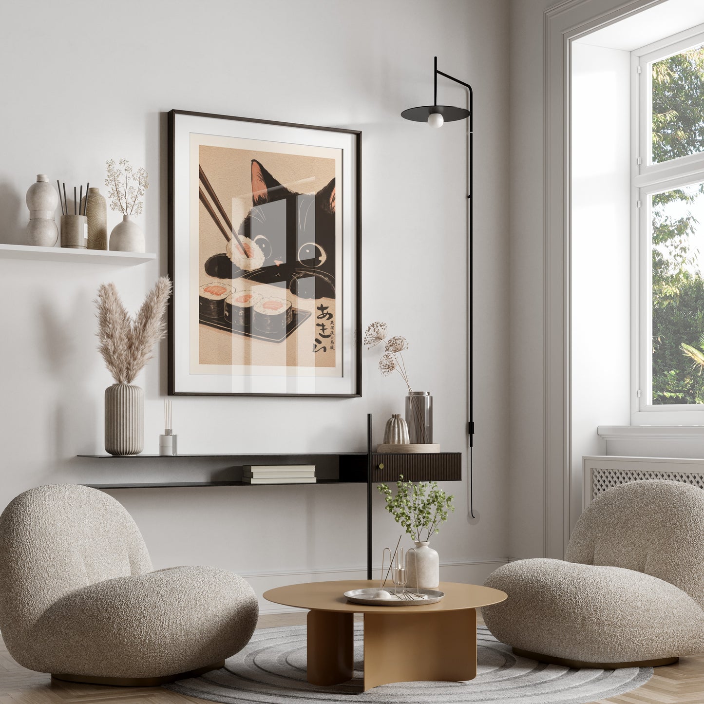Framed art of a black cat eating sushi, displayed above a coffee table.
