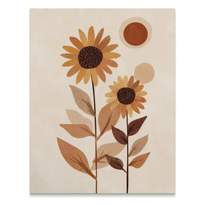Two abstract sunflowers with warm tones against a textured beige background.