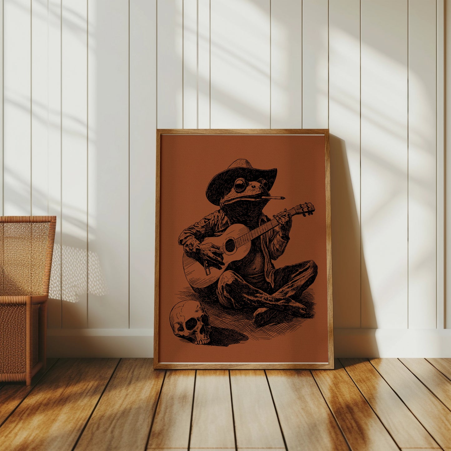 Framed artwork of a frog wearing a cowboy hat playing a guitar with a skull.