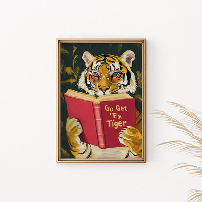 Tiger wearing glasses reading a book titled "Go Get 'Em Tiger".