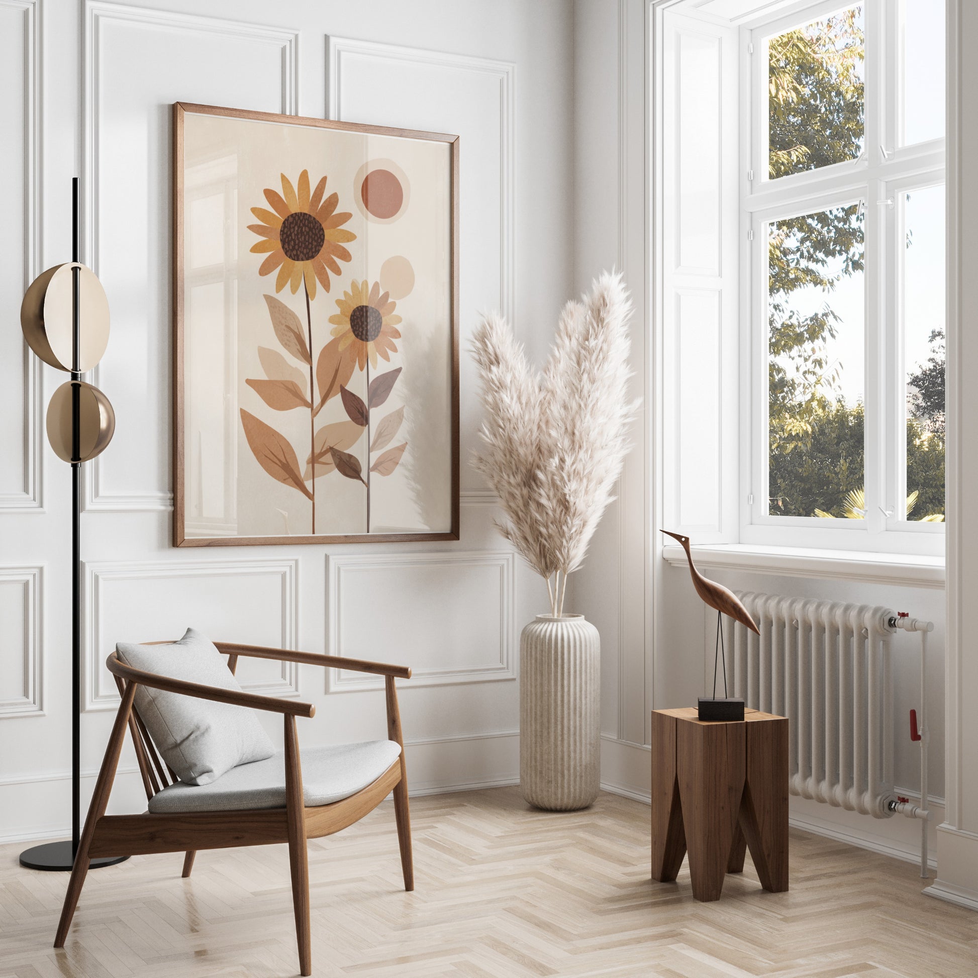 Framed abstract sunflower art hangs over a wooden chair and pampas grass.