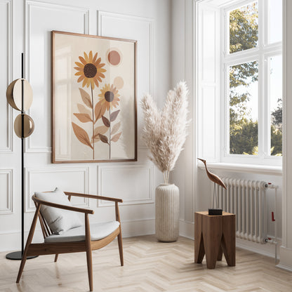 Framed abstract sunflower art hangs over a wooden chair and pampas grass.