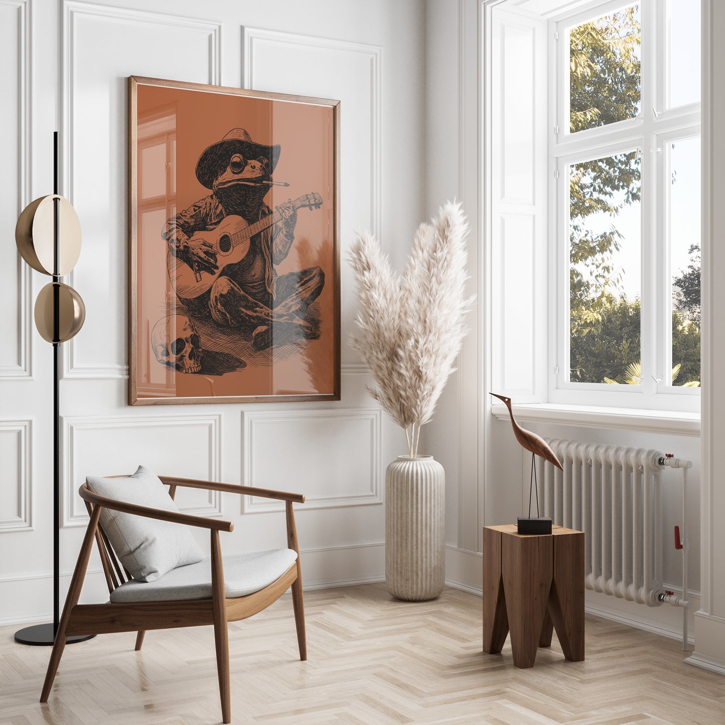 Framed illustration of a cowboy frog playing guitar by a window.