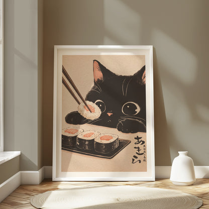 Black cat reaching for sushi with chopsticks, framed artwork.