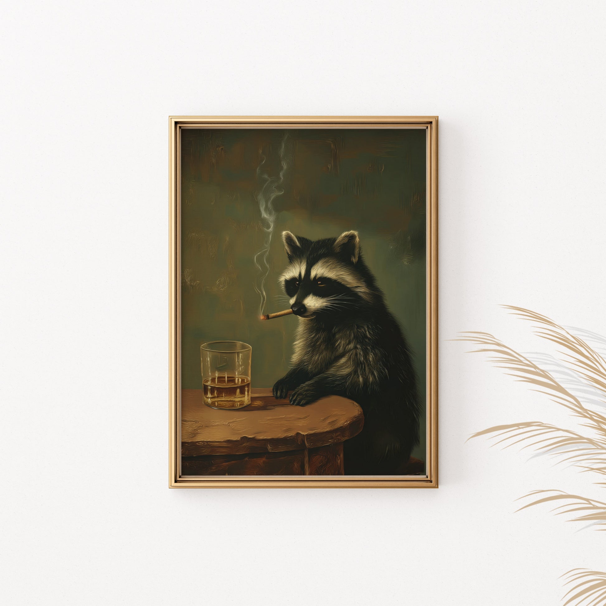 Painting of a raccoon smoking a cigarette next to a drink.