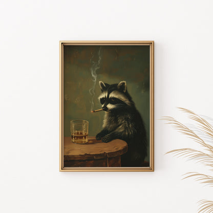 Painting of a raccoon smoking a cigarette next to a drink.