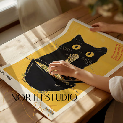 Black cat eating ramen noodles from a bowl, poster art.