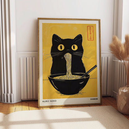 Black cat eating ramen noodles from a black bowl with chopsticks, Japanese text.