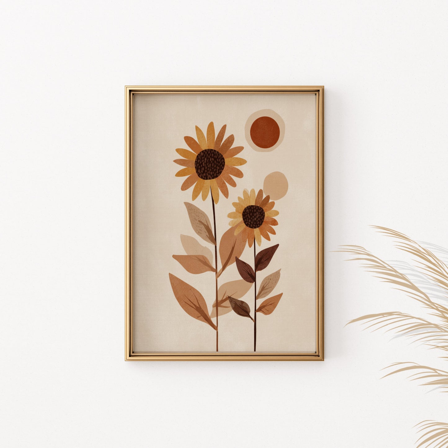 Framed abstract art with two stylized sunflowers and sun shapes in warm neutral tones.