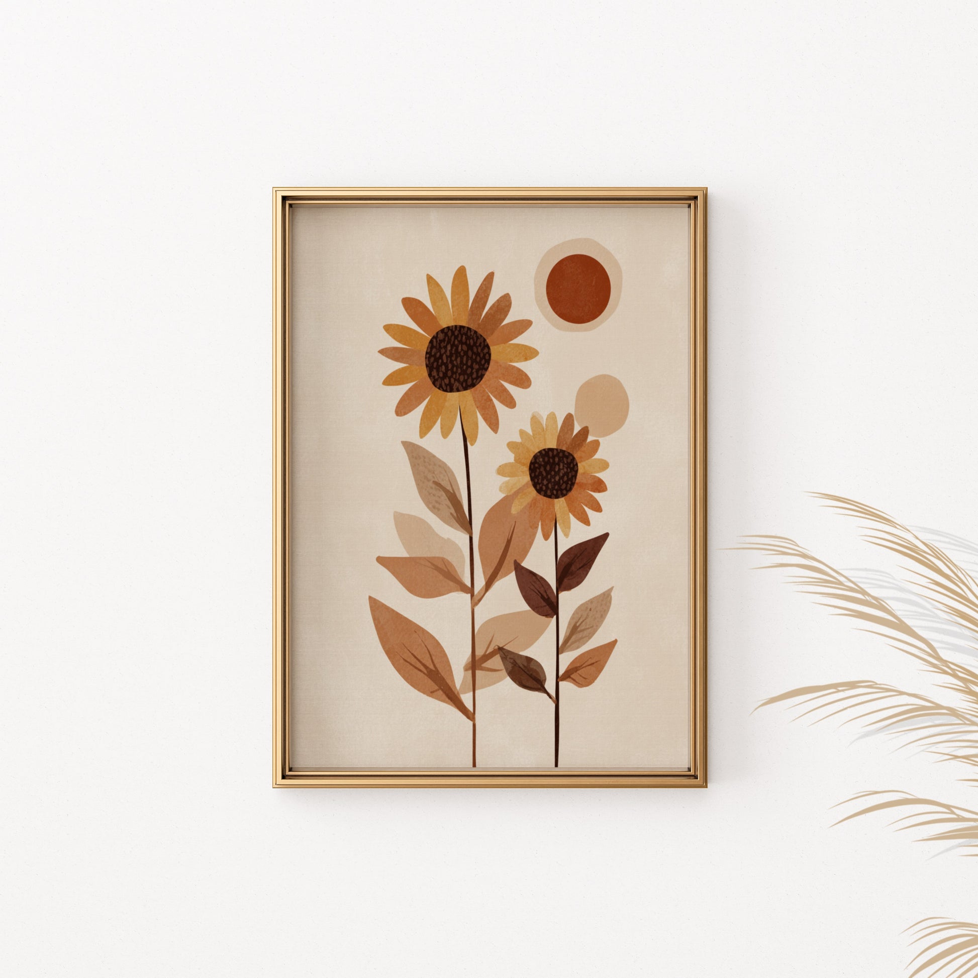 Framed abstract art with two stylized sunflowers and sun shapes in warm neutral tones.
