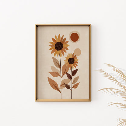 Framed abstract art with two stylized sunflowers and sun shapes in warm neutral tones.