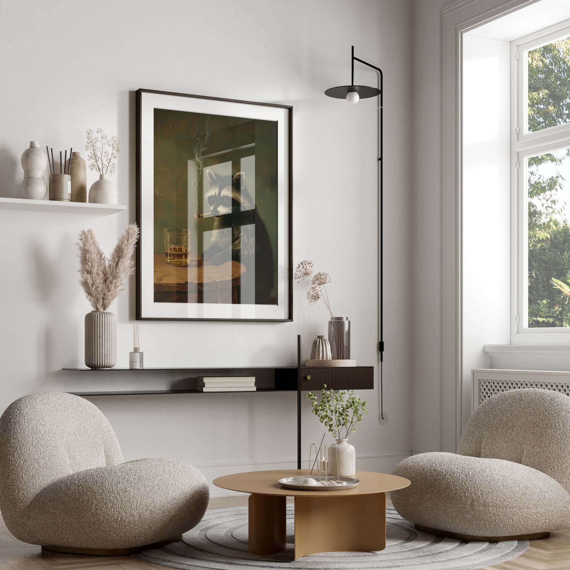 Framed artwork of a raccoon smoking a cigar sits above two minimalist chairs.
