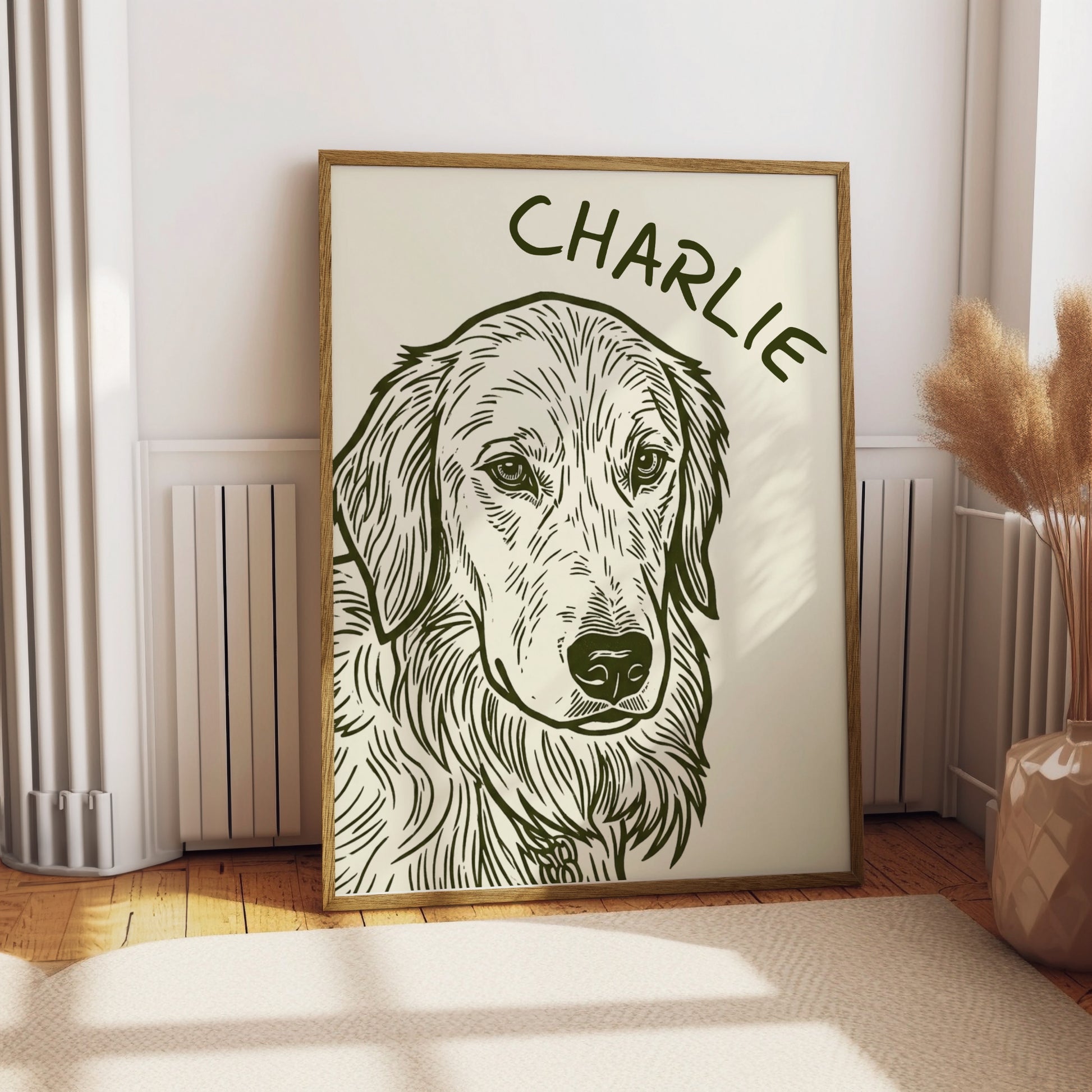 Dog portrait named Charlie with flowing fur on a light background.