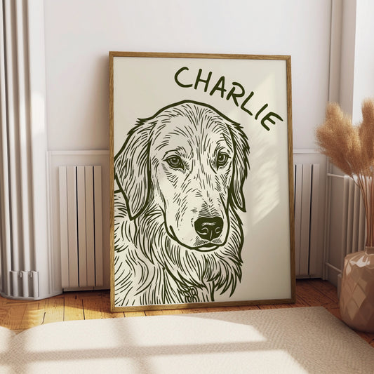 Dog portrait named Charlie with flowing fur on a light background.