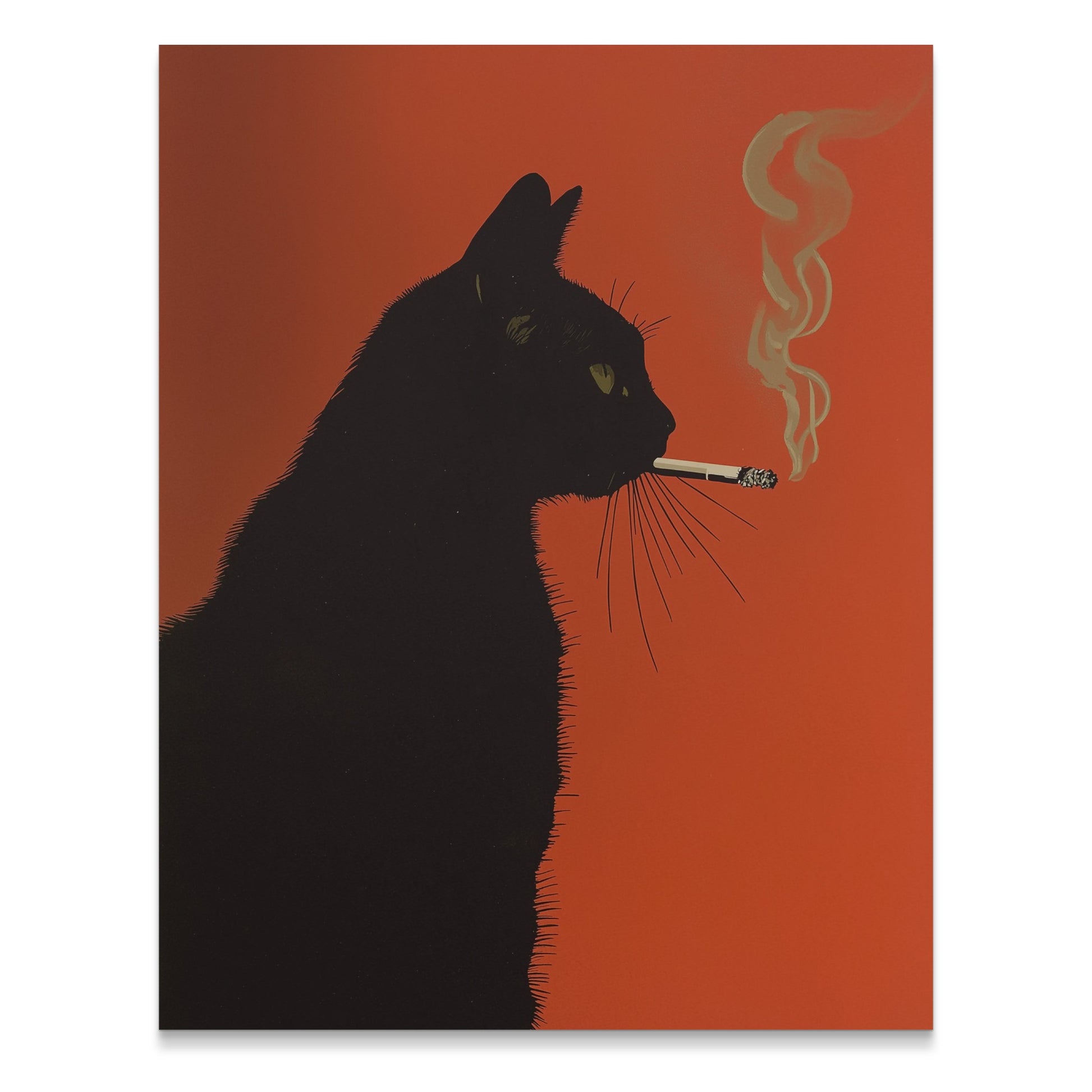 Black cat silhouette smoking a cigarette with smoke against an orange background.