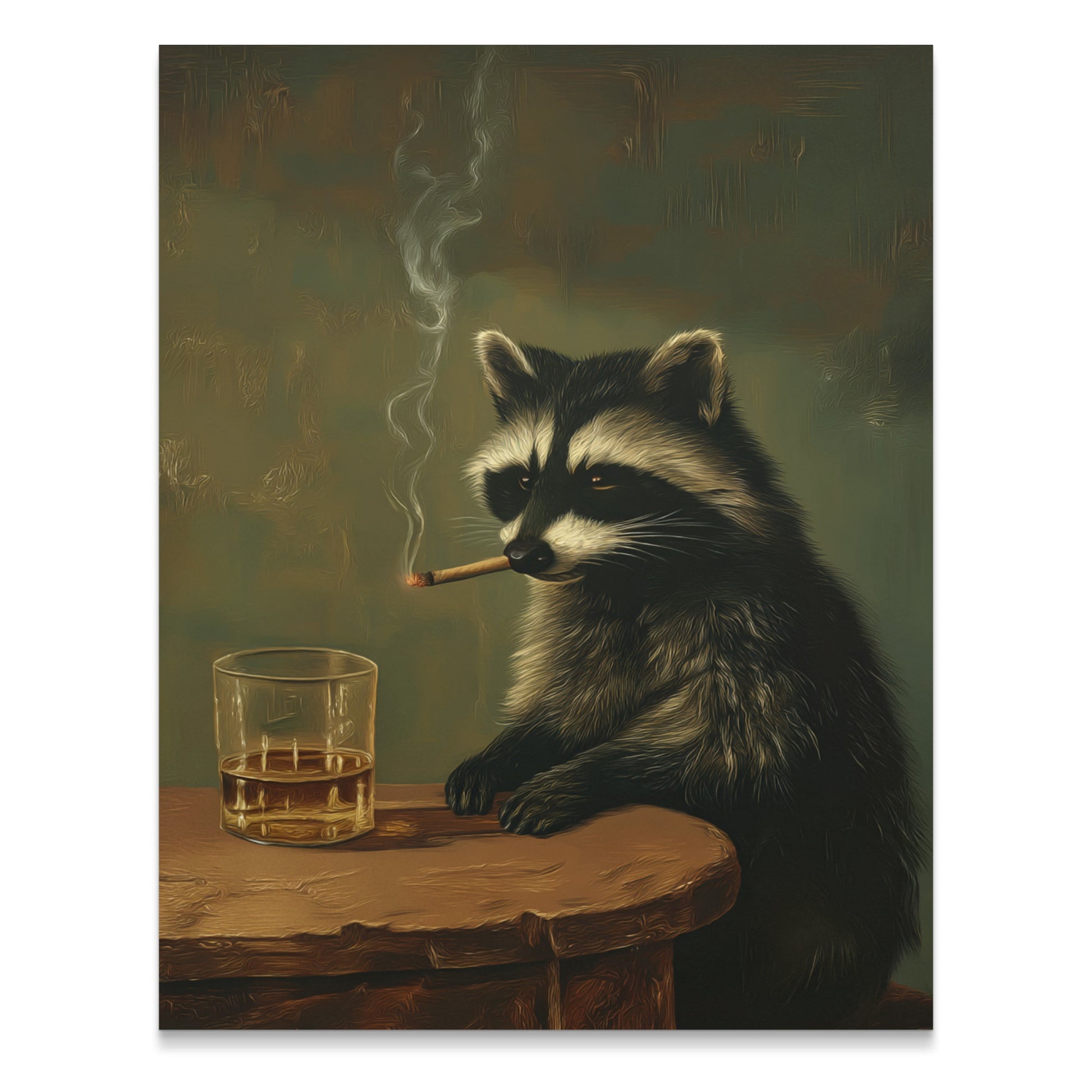 Raccoon smoking a cigar and drinking whiskey at a wooden table.